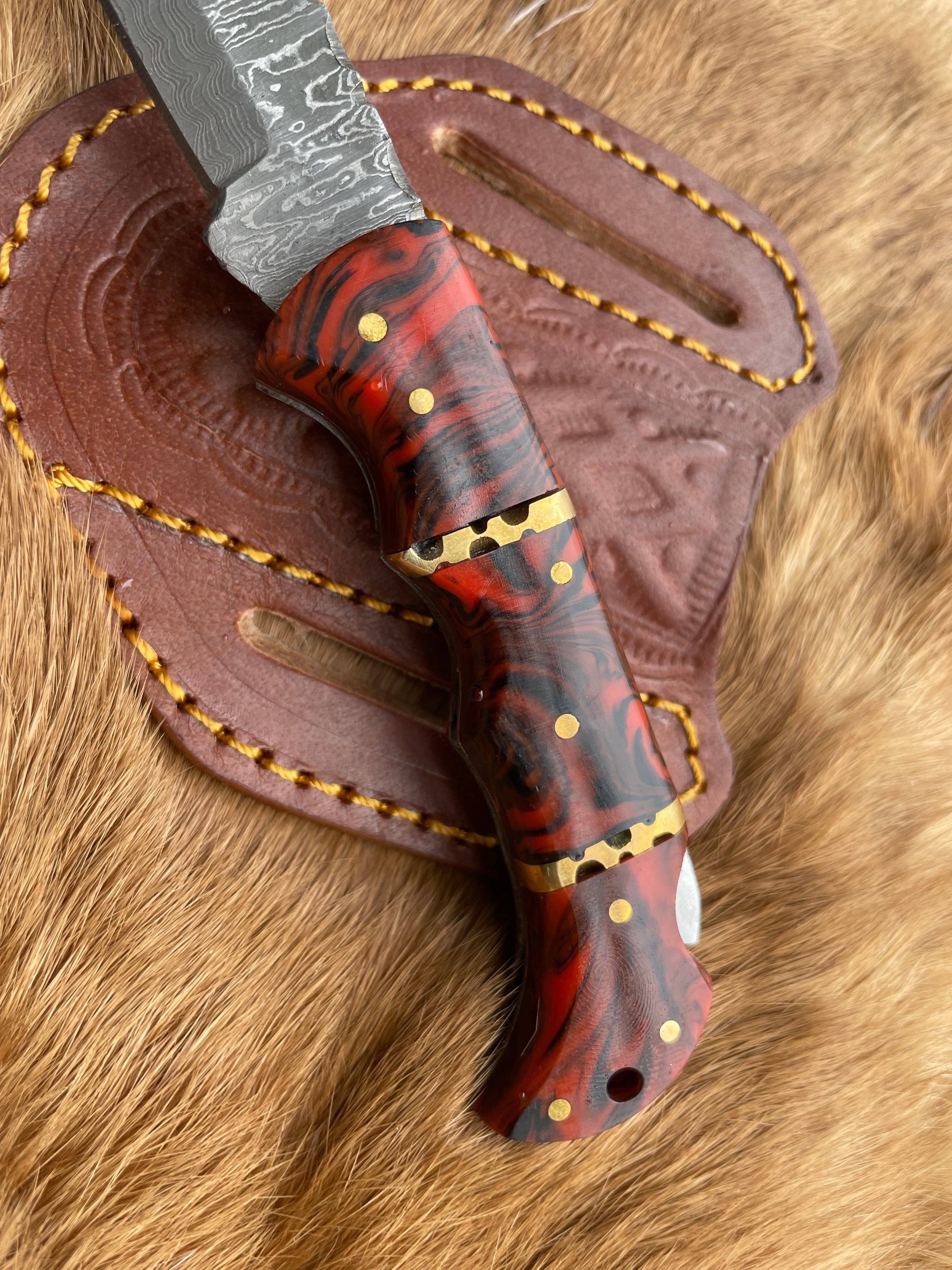 Titan International - Wholesale Pocket Knife/Holder - POCKET KNIFE RED RESIN WOOD 6.5'' DAMASCUS STEEL KNIFE STEEL2