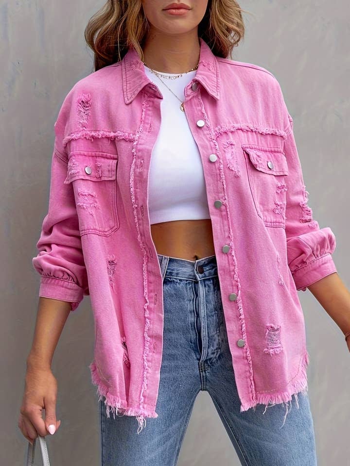 HIDDENBRAND - Wholesale Denim Jacket - Women's - Ripped Loose Denim Jacket