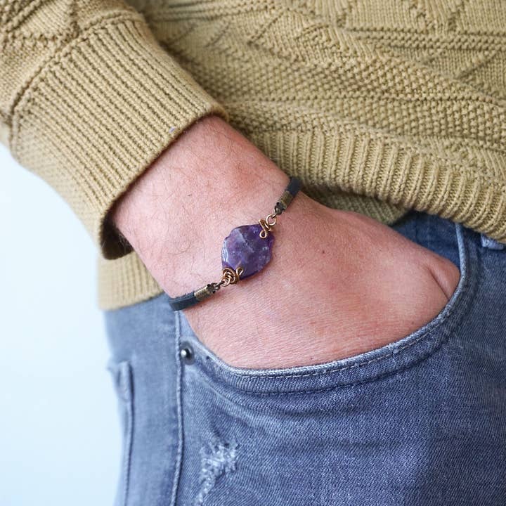 Raw Stone Elegance - Venta al por mayor Pulseras de abalorios/colgantes - Pulsera de piel de amatista, ajustable, regalo navideño