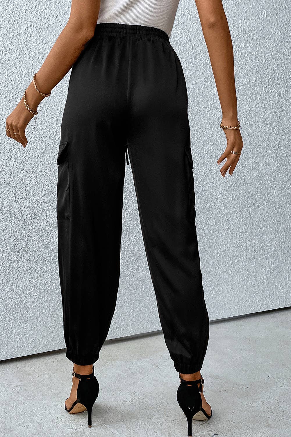 Black Satin Pocketed Drawstring Elastic Waist Pants for wholesale on Faire1