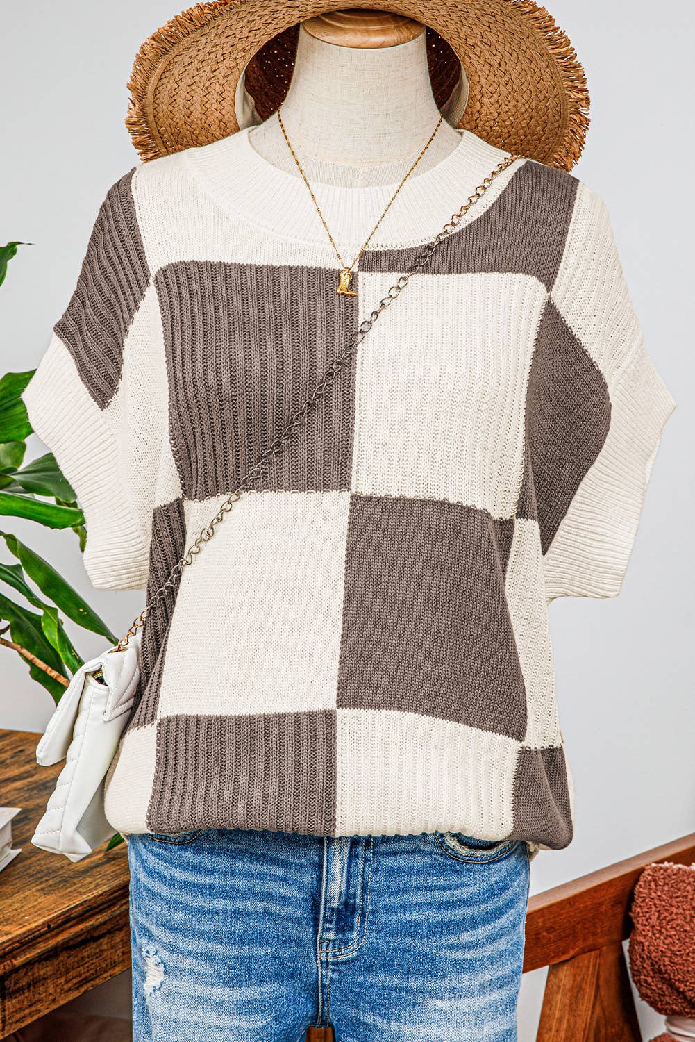 fashionworks - Wholesale Knit Sweater - Women's - Fashion-W Checkered Colorblock Short Sleeve Sweater4