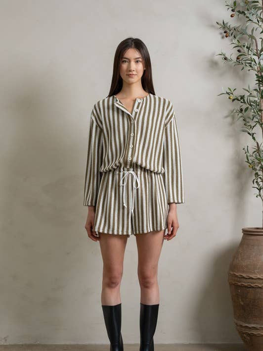 LR1003 KNIT STRIPED ROMPER WITH DRAWSTRING WAIST for wholesale by Heyson