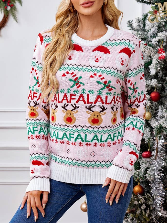 Christmas Santa Elk Pink Jacquard Knitted Sweater for wholesale on Faire1