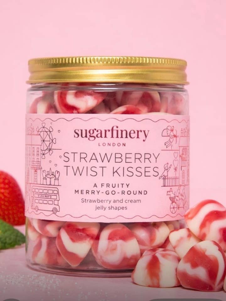 Versiegelt mit einem Kuss Strawberry Twist Kisses Süßes Glas für den Großhandel von sugarfinery limited