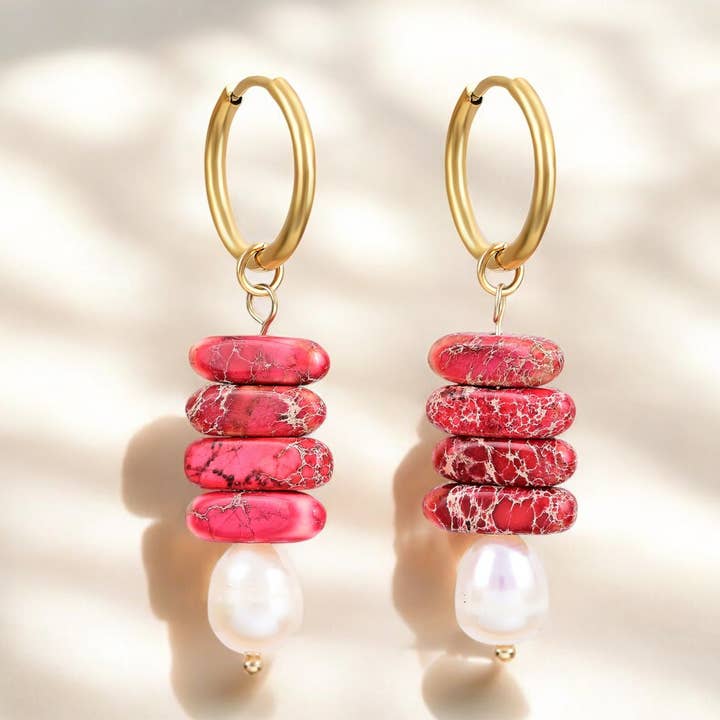 Ocean Bliss Pearl & Jade Jasper Hoop Drops for wholesale by Cape Diablo