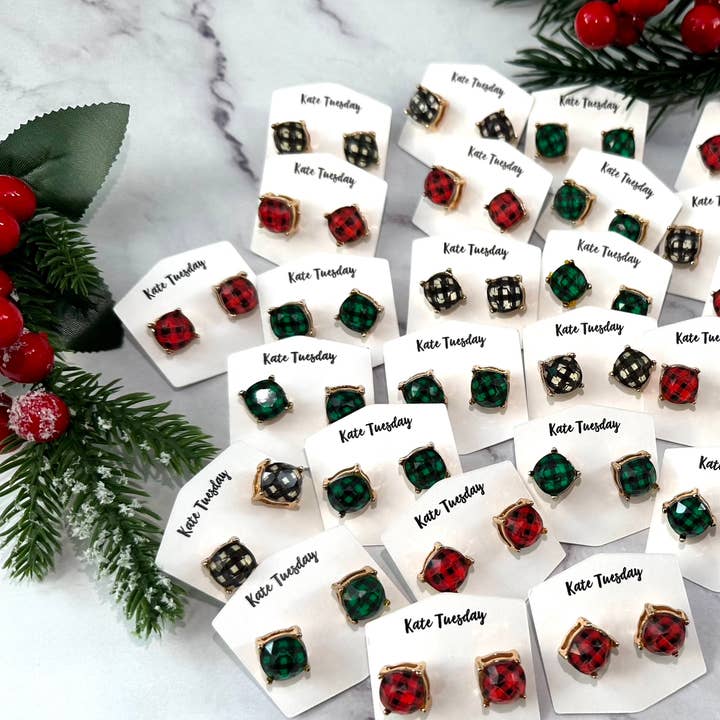 Kate Tuesday Jewelry – Brincos de pino por atacado – Brincos Plaid Round Cut0