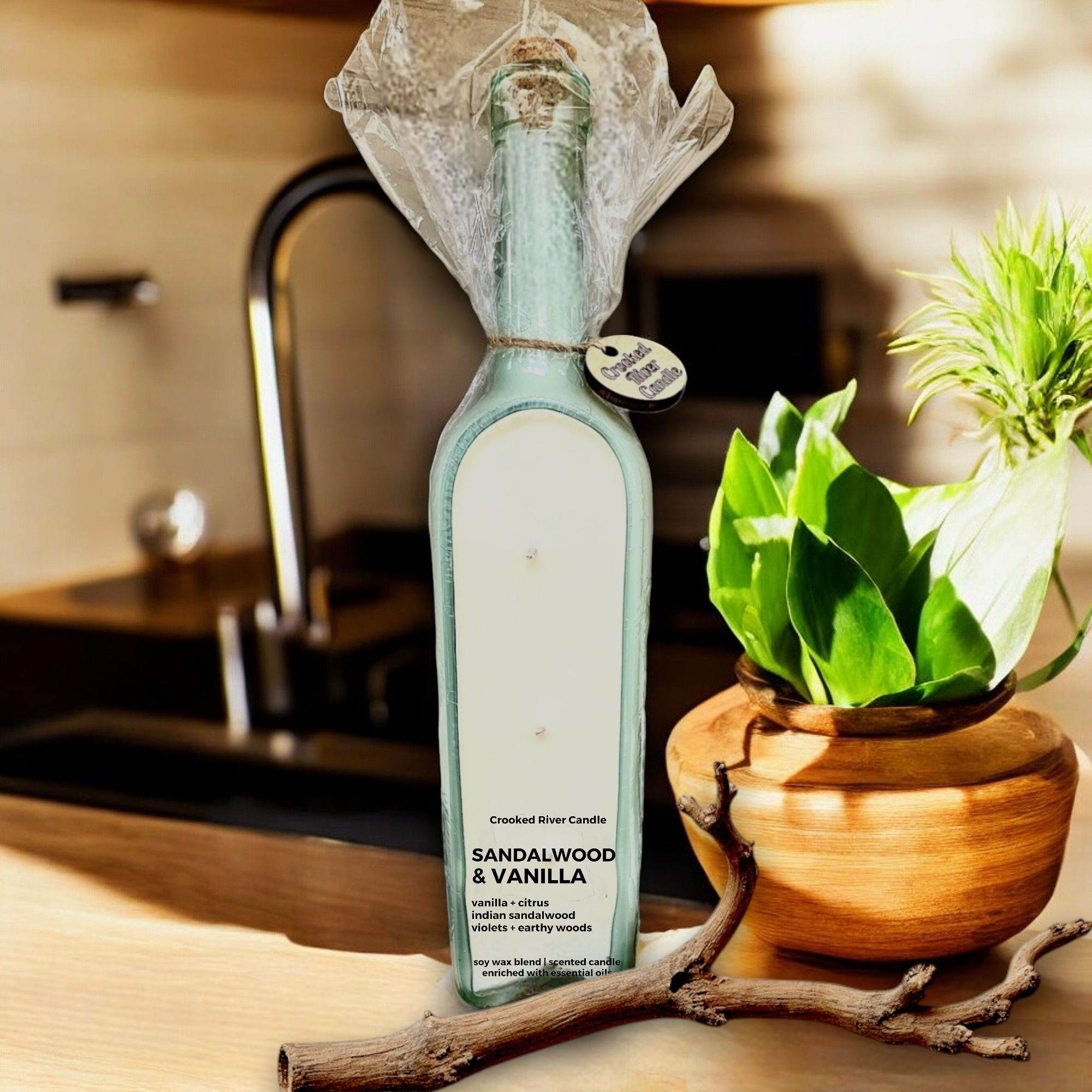 Crooked River Candle - Wholesale Jar/Filled Candle - Sandalwood & Vanilla | Wine Bottle Candle | 3 Cotton Wicks0