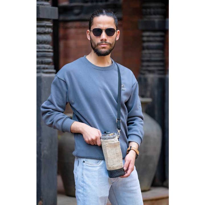 Ganesh Himal Trading - Wholesale Bottle Rack/Holder - Wild Hemp + Rubber Water Bottle Holder, Phone Pocket1