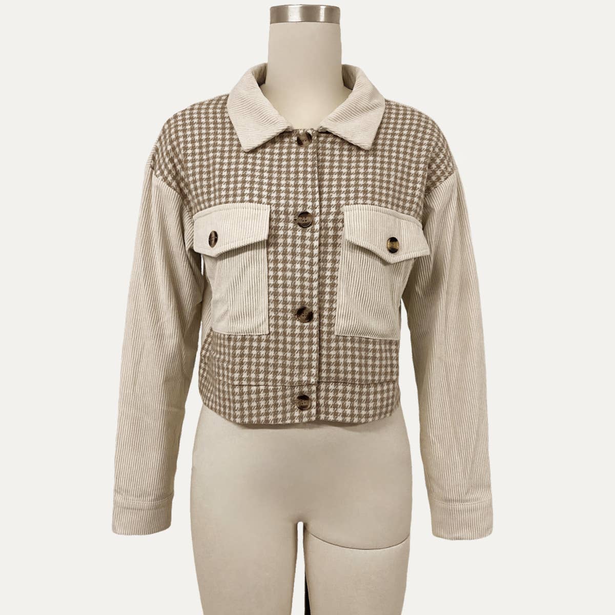 Beige Multi Popular Corduroy Houndstooth Splicing Button-Up Crop Jacket for wholesale on Faire0