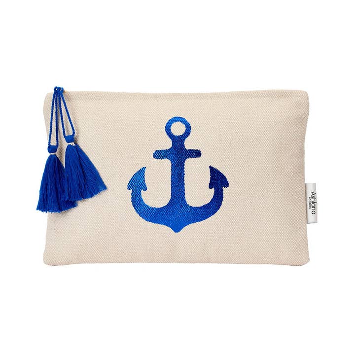 Navy Anchor Foil Print Pouch for wholesale by Ashiana London