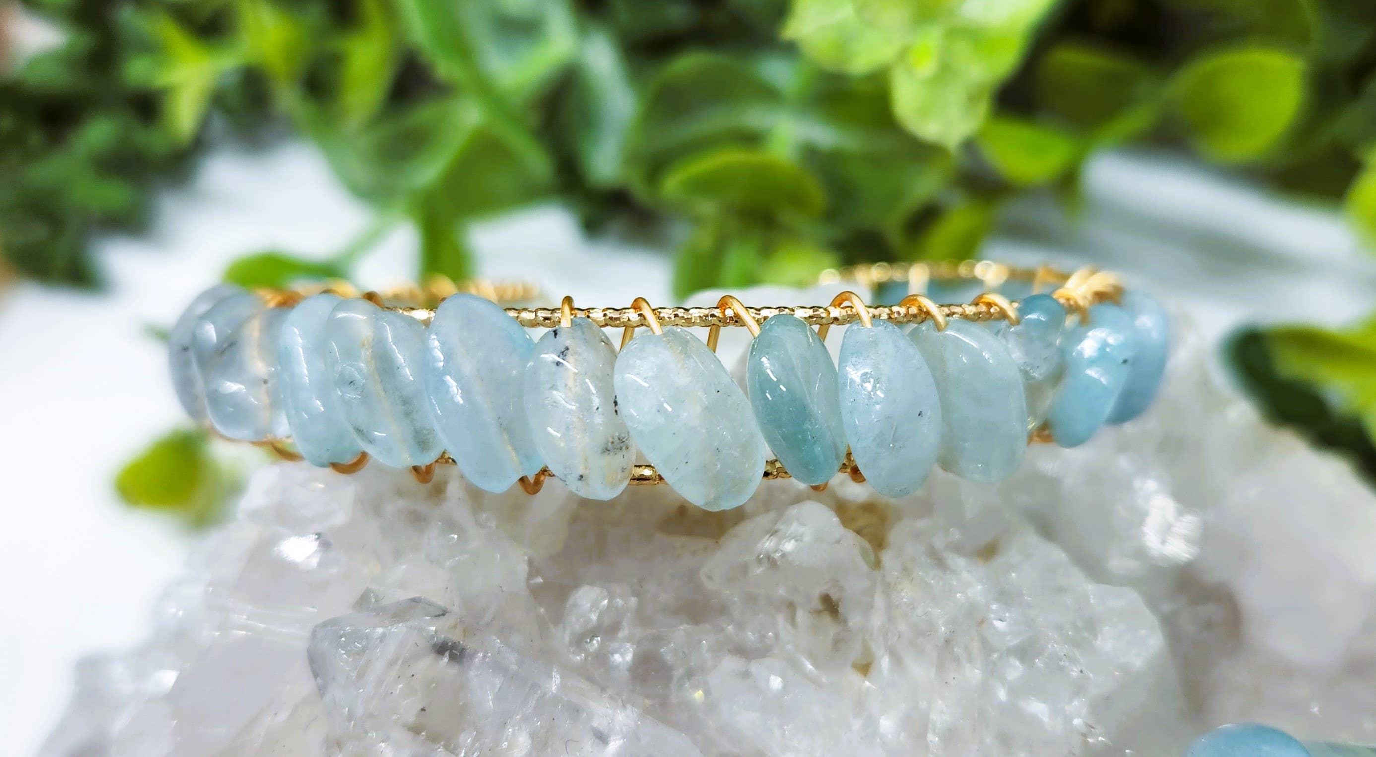 Meraki Gemstones - Wholesale Cuff Bracelet - Aquamarine Bangle/Cuff Wire Wrapped  -18kt. Gold Overlay6