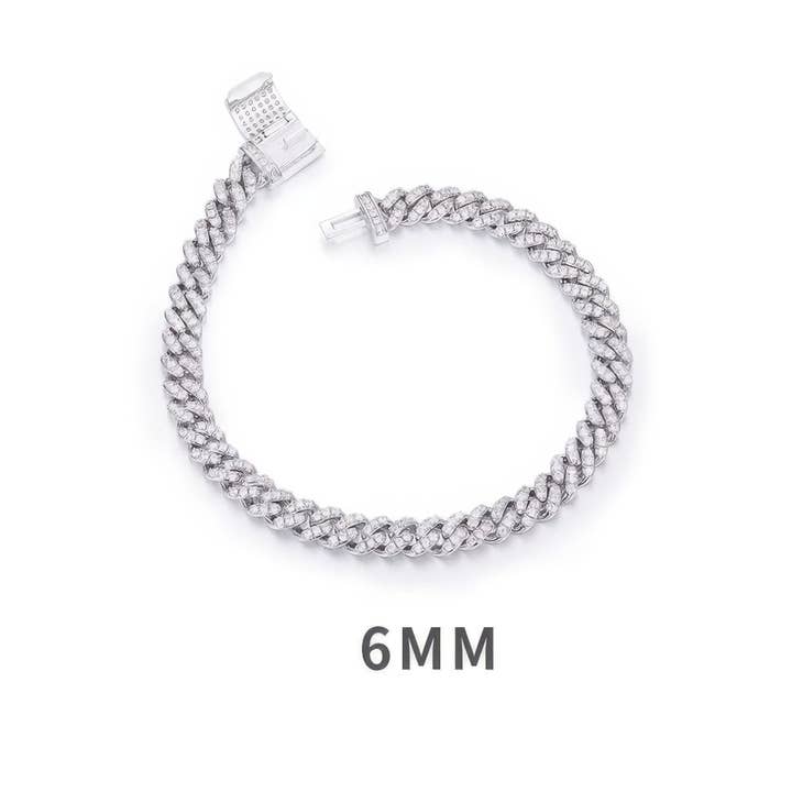 Sparkile - Wholesale Link & Chain Bracelet - 925 Silver Moissanite Cuban Link Bracelet | 6mm Wide Iced Out Moissanite Chain | 18-23cm