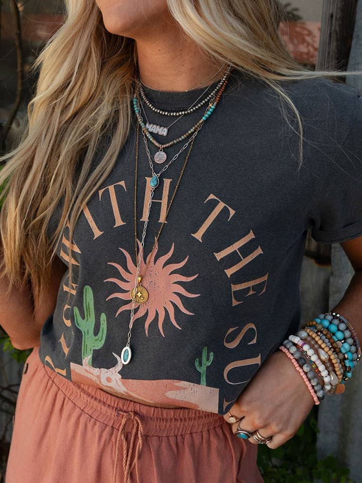 Dark Grey RISE WITH THE SUN Western Fashion Graphic Tee for wholesale on Faire