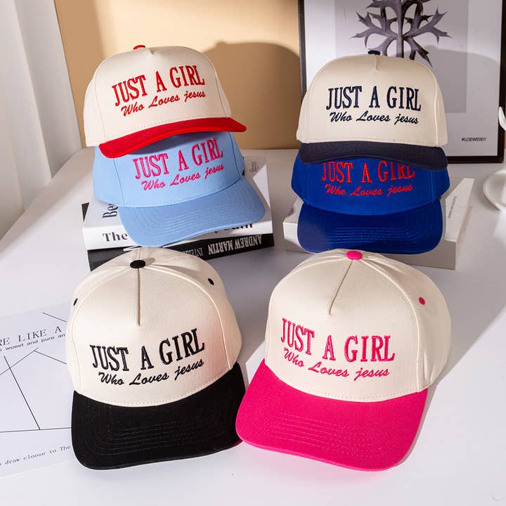 JUST A GIRL Message Embroidered Five Panel Canvas Snapback Baseball Cap for wholesale by Sensibling Corp.