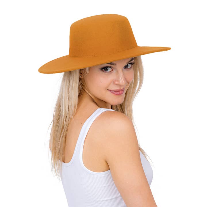 Cap Zone - Wholesale Boater Hat - Unisex - Simplistic Plain Rancher Flat Top Wide Brim Felt Boater Hat