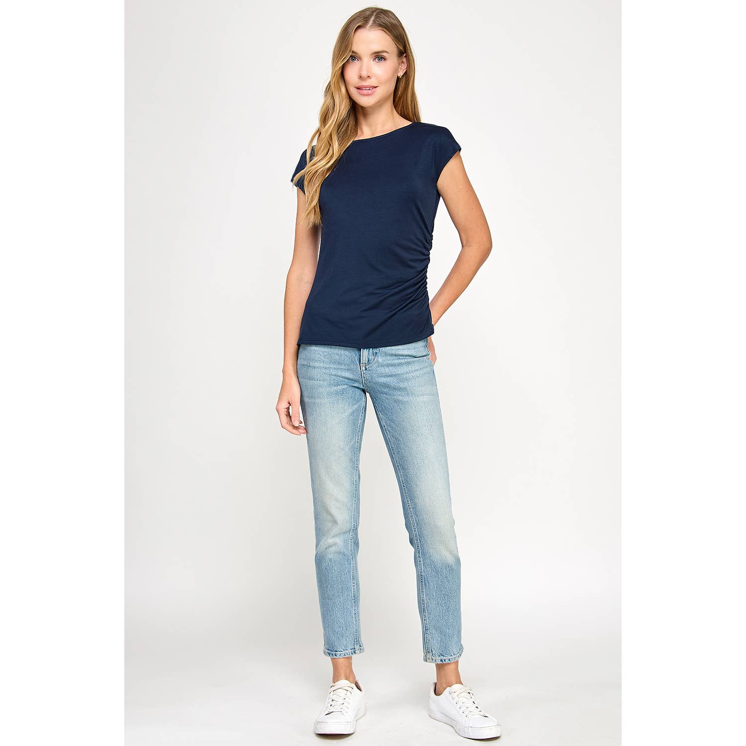 Heimious - Wholesale T-Shirt - Women's - One Side Ruched Cap Sleeve Top, T84310