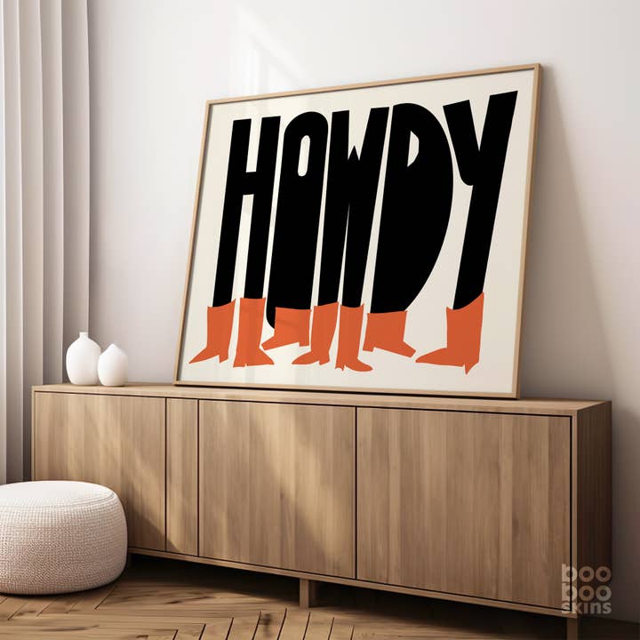 Howdy Cowboy Boots Print - Western - Landscape - Orange for wholesale by BOOBOOSKINS