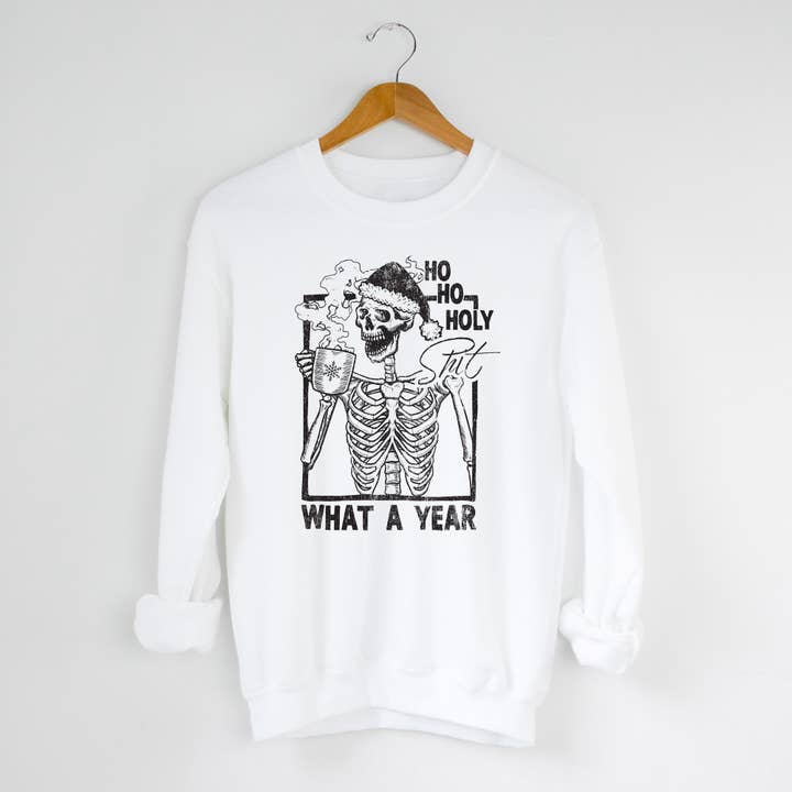 White Ho Ho Holy Shit What A Year Christmas Sweatshirt for wholesale on Faire