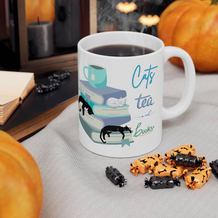 Halli Starling Books - Wholesale Coffee Mug - Cats, Tea, and Books Ceramic Mug, (11oz)1