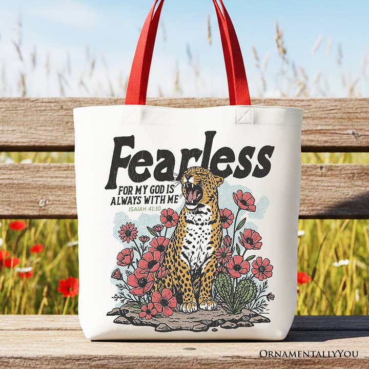 Sac Vintage Floral Léopard Chrétien en Toile, Sans Peur Car Mon Dieu Est Toujours Avec Moi Isaïe 41:10 Cadeau Acheteur pour la vente par OrnamentallyYou