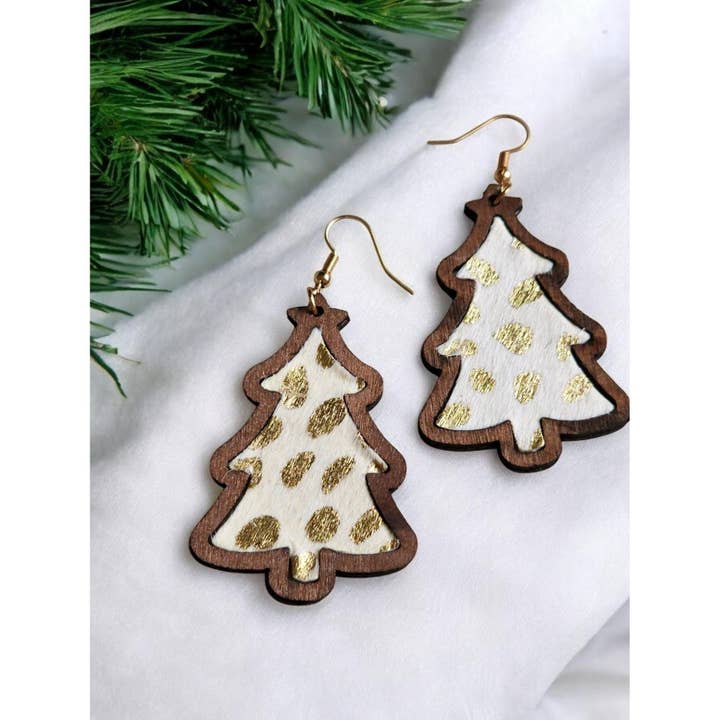The Bling Barn - Wholesale Dangle earrings - Wood Christmas Tree Gold Fleck Earrings3