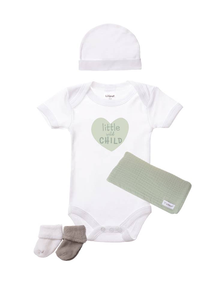 Baby set with bodysuit, hat, socks, and muslin cloth in reed for wholesale by Liliput