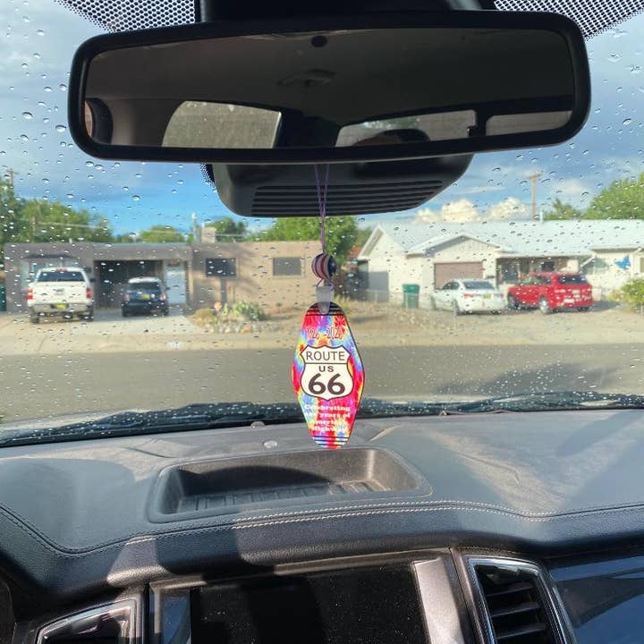 DK LaserWorx - Wholesale Car Decorative Charm - Unisex - Rear View Mirror Charm Route 66 Design of Tye Dye With Route 66 Shield in the Center1