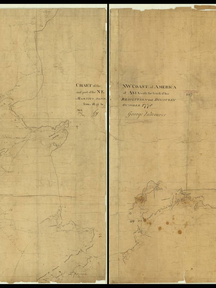 Kaart van de NW-kust van Amerika en een deel van het NO van Azië met de route van Zijne Majesteits sloepen 'Resolution' en 'Discovery' van mei tot oktober in 1778 voor wholesale door Relic Map Co.
