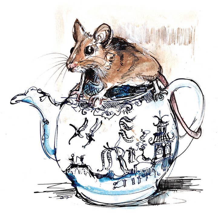 CreativeWithLine - Wholesale Everyday Greeting Card - Mouse on a Teapot. Blank Card