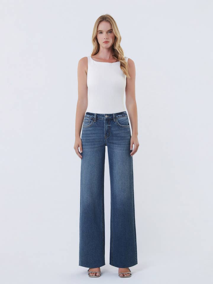 INGENUOUSLY HIGH RISE DARK WASH CLEAN CUT RAW HEM WIDE JEANS LV1134 for wholesale on Faire2