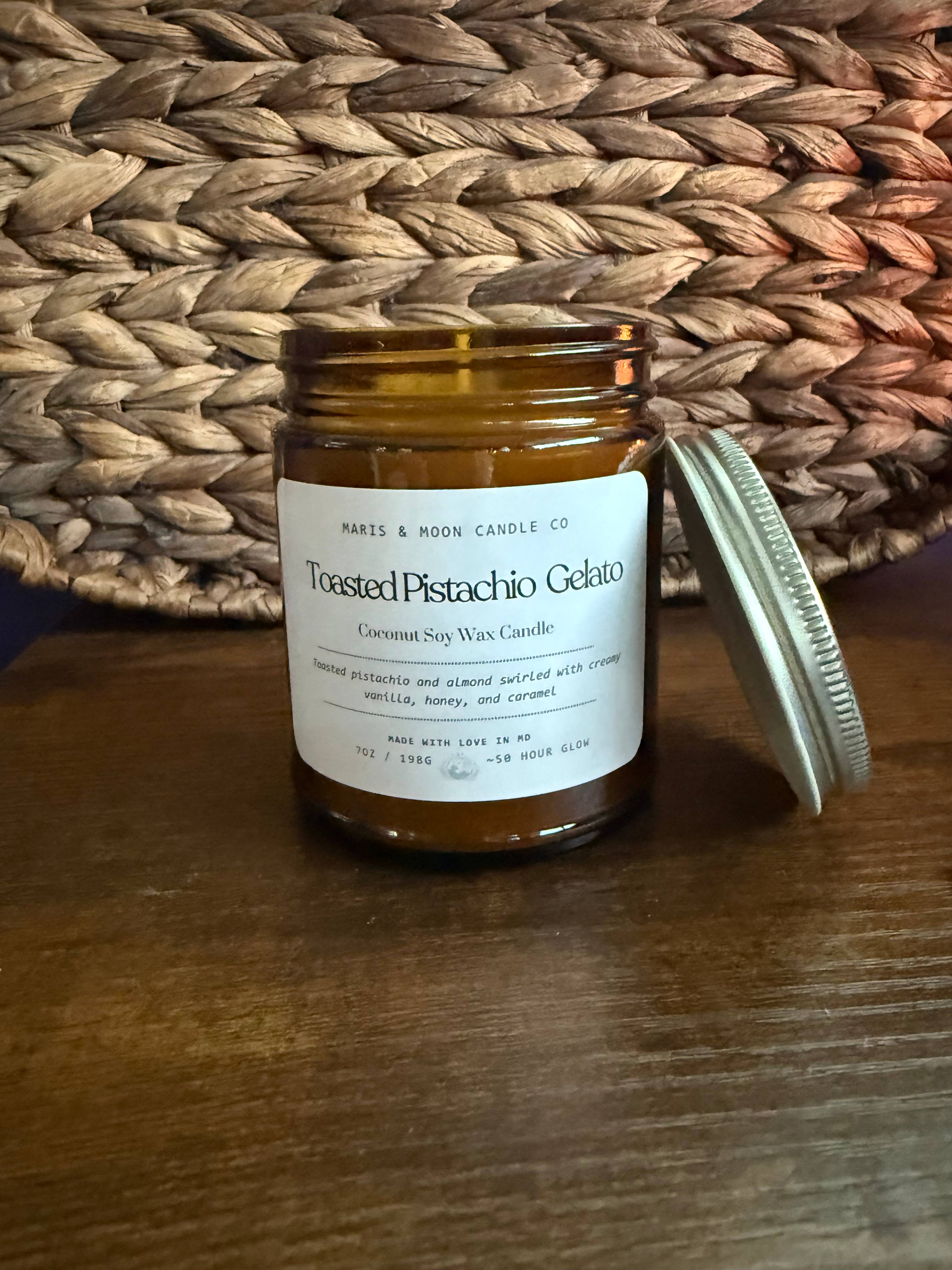 Maris & Moon Candle Co. - Wholesale Jar/Filled Candle - Toasted Pistachio Gelato candle Amber glass Fall3