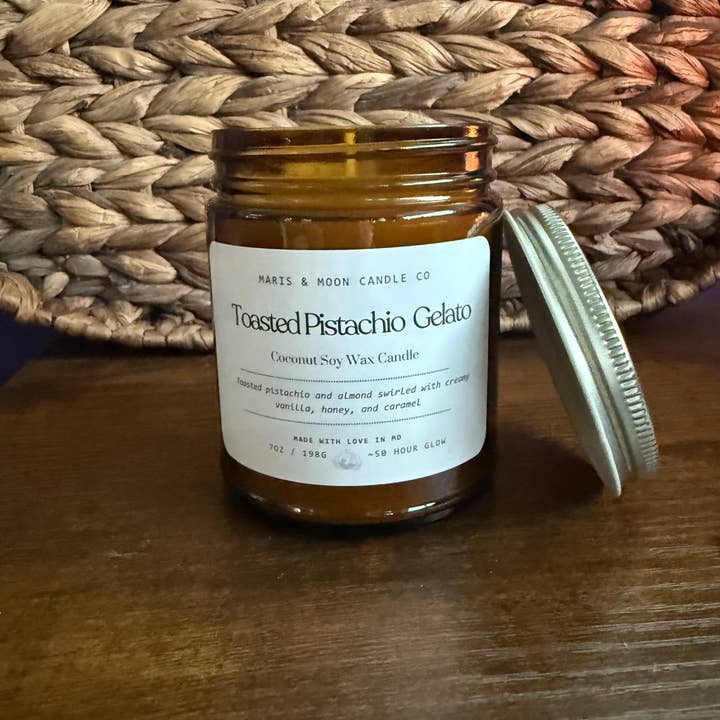 Maris & Moon Candle Co. - Wholesale Jar/Filled Candle - Toasted Pistachio Gelato candle Amber glass Fall3