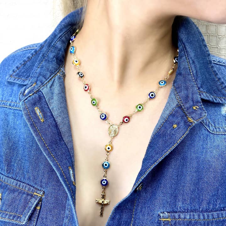 Luxus Accessories - Venta al por mayor Collar de cuentas de oración - Rosario o Br para niños con ojos griegos de colores dorados de 18 quilates