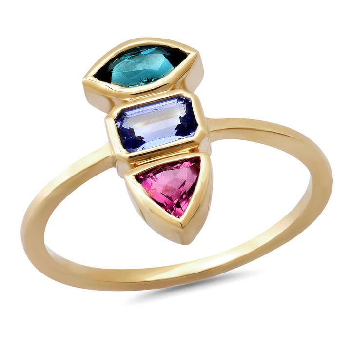 Anello con tripla pietra preziosa a bordo tagliente in oro 14K: tormalina verde, tormalina rosa, tanzanite per la vendita all'ingrosso da parte di Elliot Young Fine Jewelry