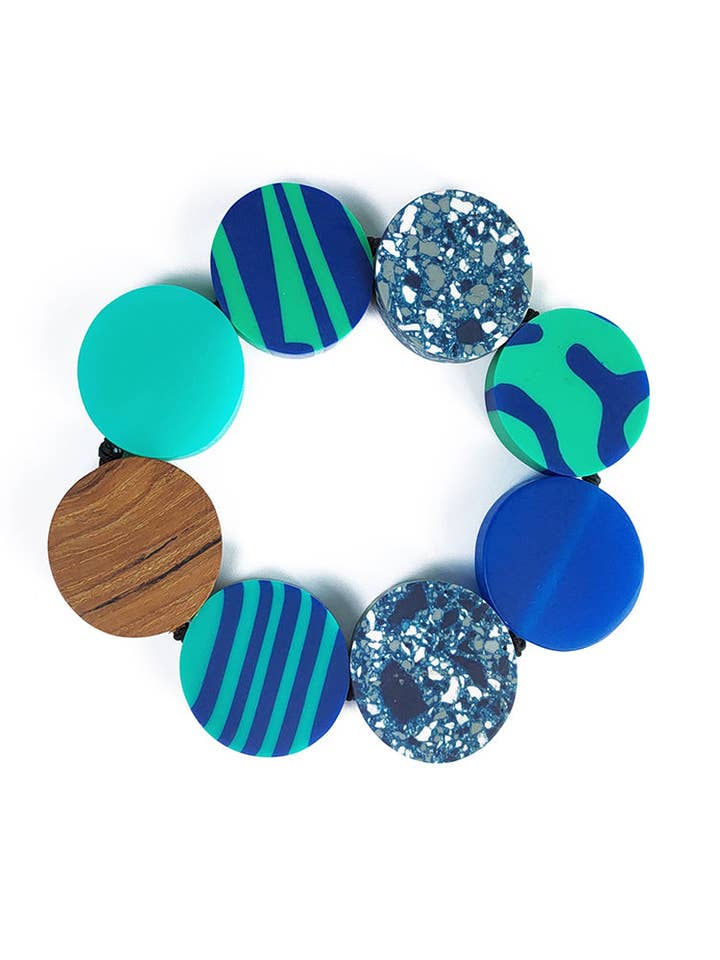 Elastic bracelet with wooden discs, terrazzo, and resin in color for wholesale by NOA ECCO