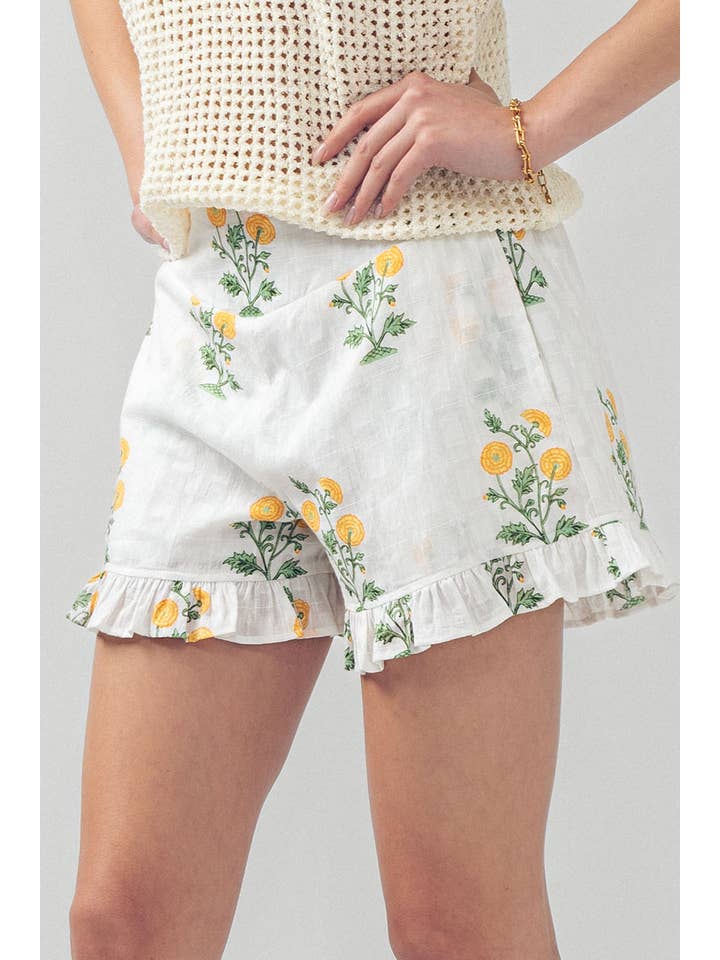 Yellow Floral Print Ruffle Shorts with Smocked Waist for wholesale on Faire4