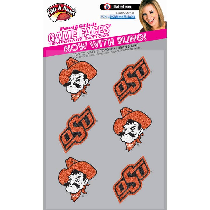 Oklahoma State Game Faces® Glitter 6 Temporary Tattoos for wholesale by Fanapeel / Gamefaces