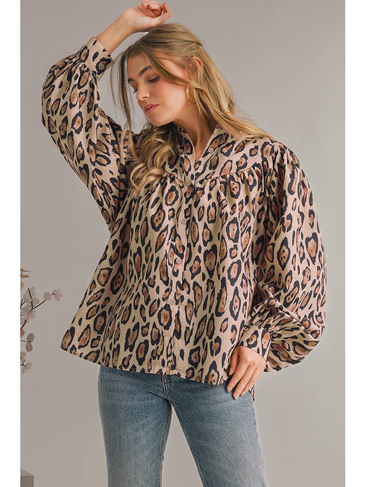 As shown Wild Leopard Print Loose Fit Long Sleeve Shirt | S-XL for wholesale on Faire