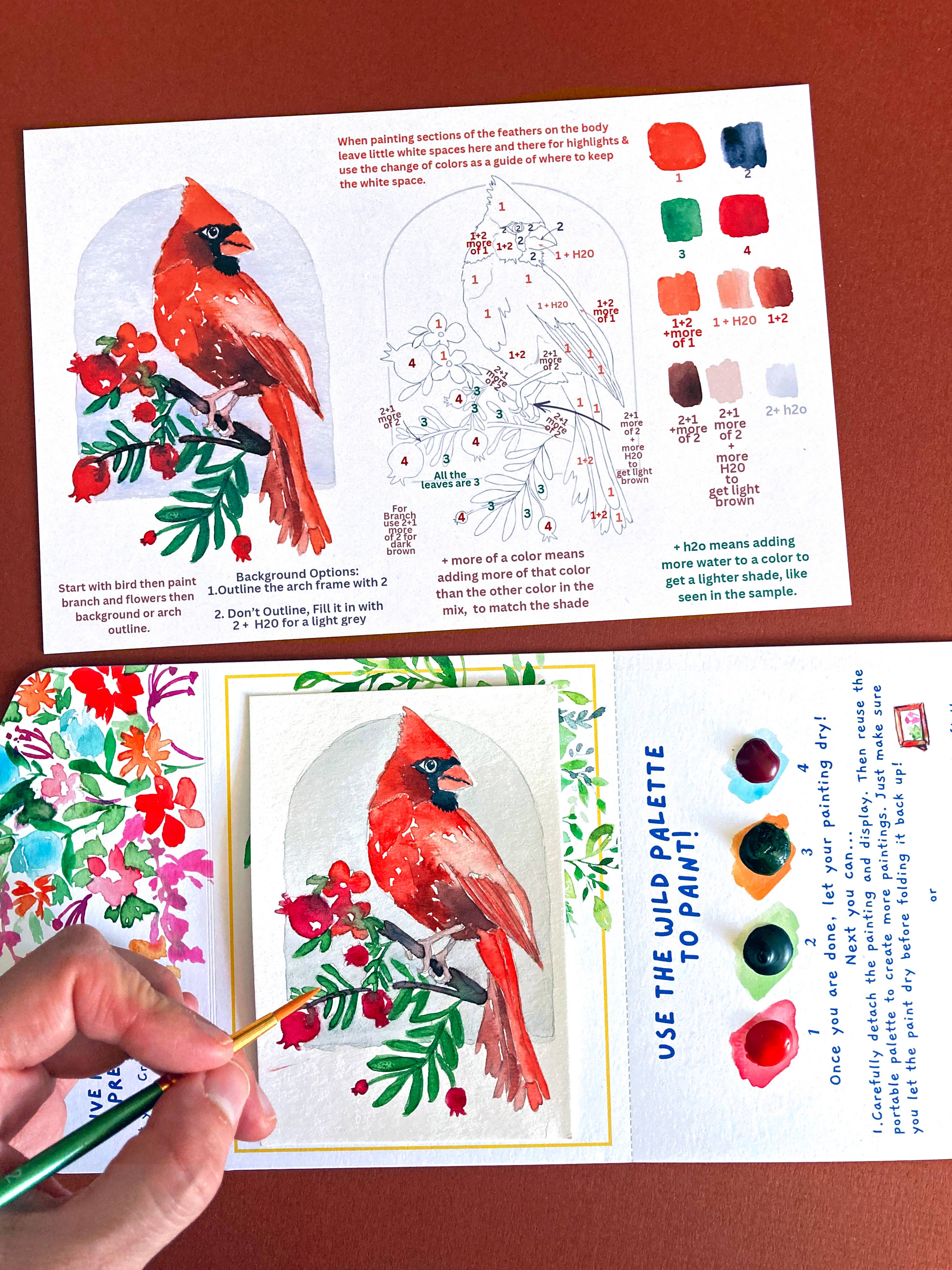 Pink Puddle Studio - Wholesale DIY Craft Kit - Red Cardinal Bird Floral Watercolor Paint by Number DIY Kit 1