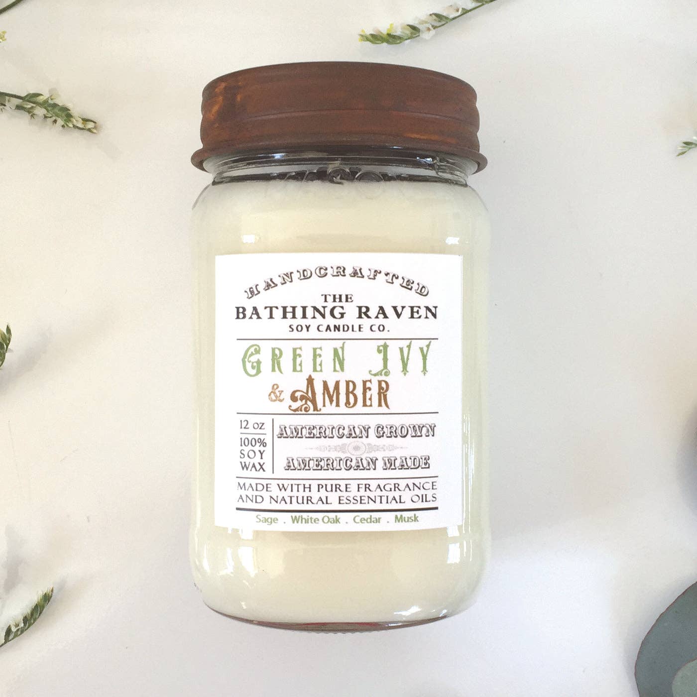 Green Ivy & Amber | Farmhouse Mason Collection Soy Candle for wholesale by The Bathing Raven Candle Co.