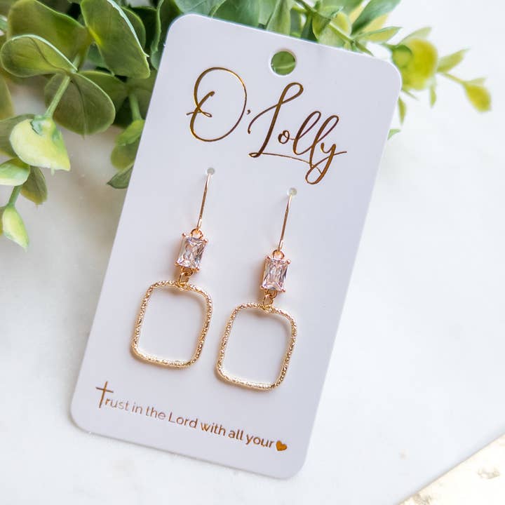 Clear Glass Connector w/Textured Open Rectangle Dangle Earrings- Lilith for wholesale by O’Lolly Jewelry