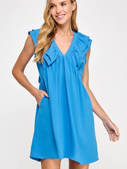 Solides Kleid mit V-Ausschnitt und doppeltem Rüschendetail für den Großhandel von Lemon Tree