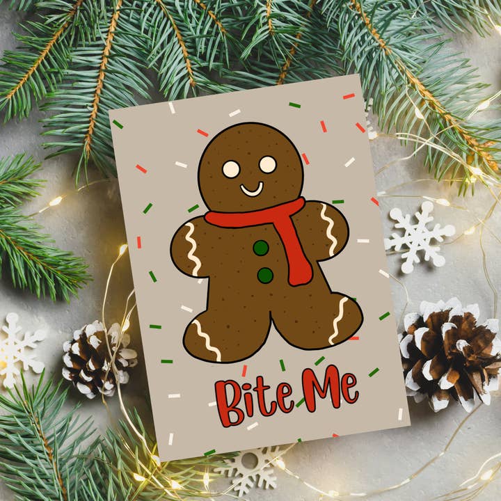 Bite Me Gingerbread Man Card - Blank Inside for wholesale by Beautiful Mind Design