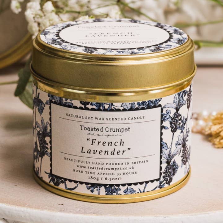 French Lavender Candle in a Matt Gold Tin for wholesale by Toasted Crumpet (We Pay All US Duties & Tariffs)
