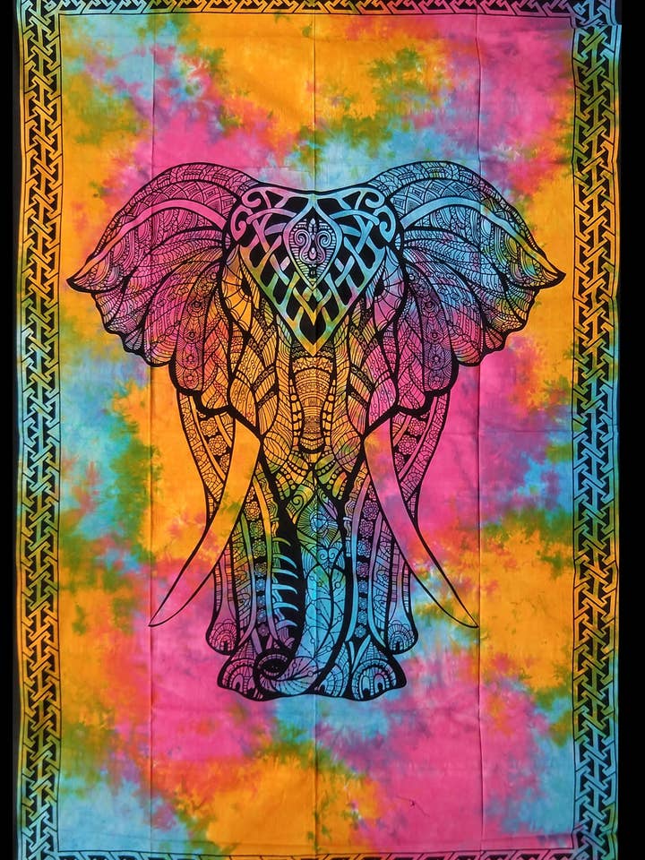 Tapiz artístico con cara de elefante teñido anudado B536 para venta al por mayor de Rising International Inc