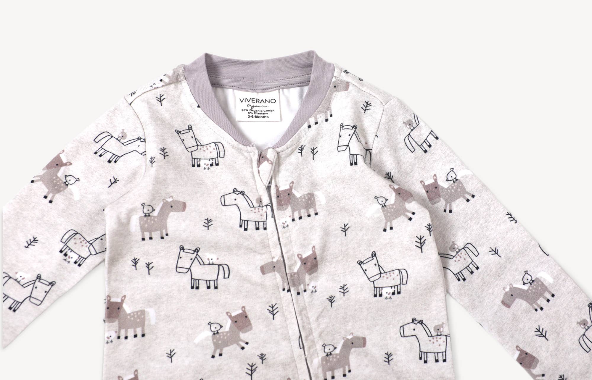 Heather Grey Horse & Bird Baby Zipper Footie Coverall (Organic Cotton) for wholesale on Faire2