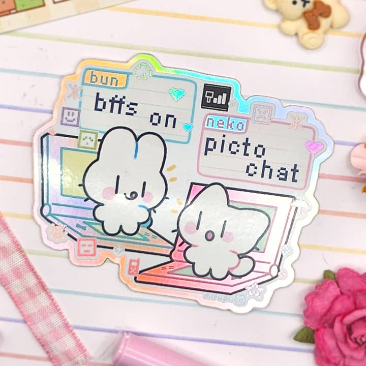 BFFs on Pictochat 3in Holographic Vinyl Sticker for wholesale by mirupiico