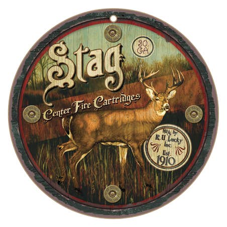 Stag Center Fire Patroner på 10" runde træ plak, tegn for engroshandel hos SJT Enterprises, Inc.