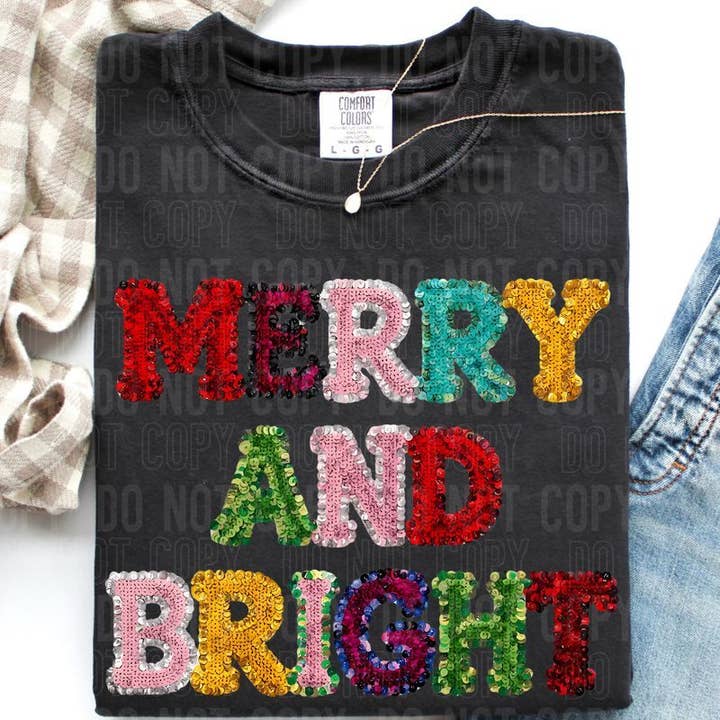 Merry And Bright Sequined Faux DTF Transfer for wholesale by K and M Designs