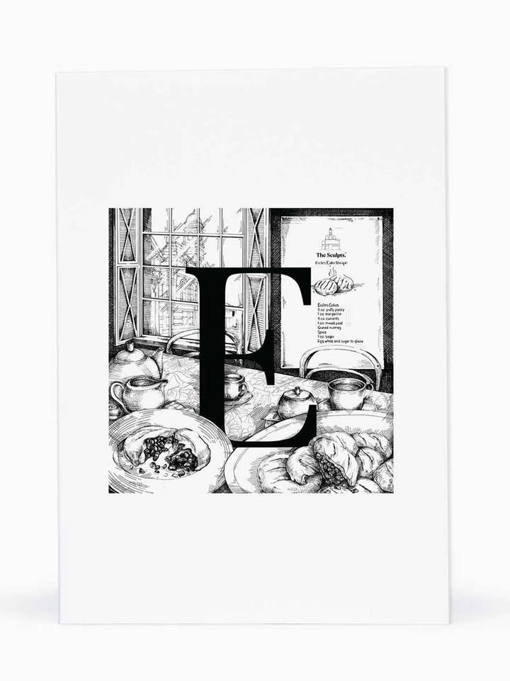 E for Eccles Cakes Grußkarte für den Großhandel von The Sculpts